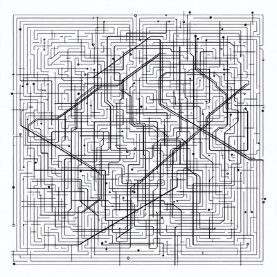 The primary subject of the image is a complex, interconnected web of lines, which appears to be a black and white drawing or illustration. The setting is a white background, which provides a clean and uncluttered appearance. The visual style suggests that the image is a digital art or illustration, rather than a photo or a clipart. The dominant colors are black and white, creating a sense of depth and intricacy in the design.